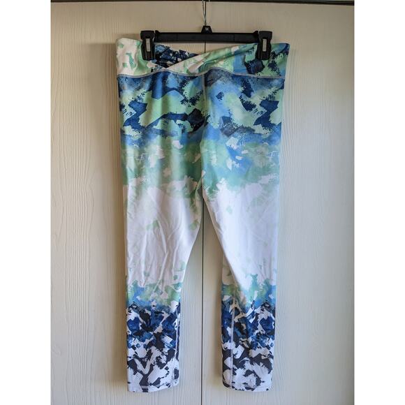 Women's White Blue Mint Leggings Wrap Waist Stretch Pull On Leggings Size L - Picture 2 of 2